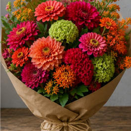 Bouquet of bright zinnias and orange filler flowers wrapped in kraft paper