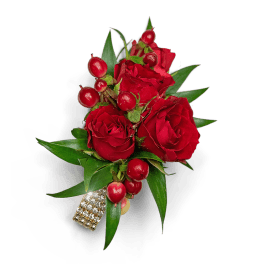 Small bouquet of red roses with red berries and green leaves