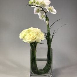 White orchid and pale yellow rose arrangement in a clear glass vase