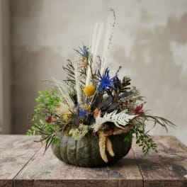 Pumpkin arrangement with dried flowers and blue accents