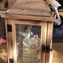 Wooden memorial lantern with a hummingbird and sympathy message