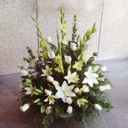White lilies and pale green gladiolus in a low floral arrangement.