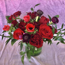 Red roses and dark ranunculus in a glass vase