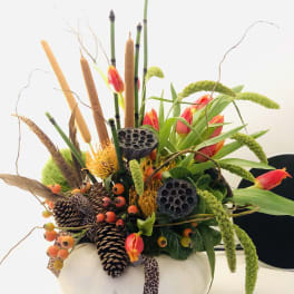 Autumn floral arrangement in a white pumpkin-shaped container with pinecones and cattails