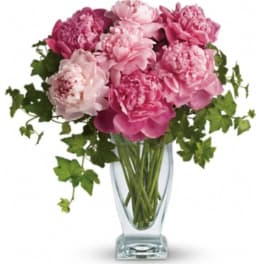 Pink peonies arranged in a clear glass vase with trailing ivy