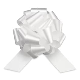 White satin gift bow with long ribbon tails on a plain white background