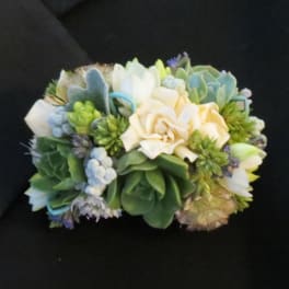 Succulent arrangement with cream roses and pale blue accents