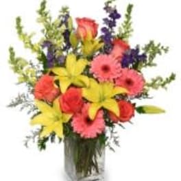 Mixed bouquet with lilies, gerbera daisies, roses, and purple accents in a glass vase