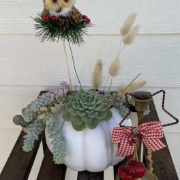 Succulent arrangement in a white pumpkin with an owl topper and brass candle holder