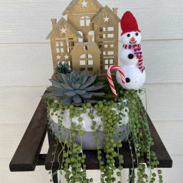 Succulent arrangement with a snowman and wooden house decorations
