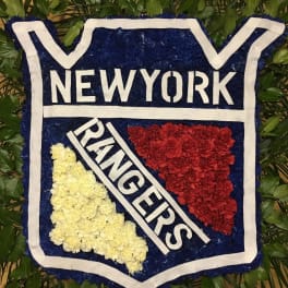 Floral New York Rangers logo arrangement with red, white, and blue flowers