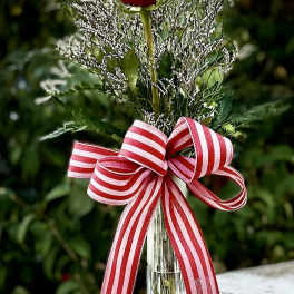 Single red rose in a clear glass vase with a striped ribbon bow