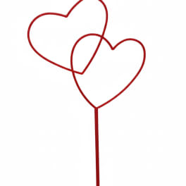 Two red heart-shaped picks on a single stem