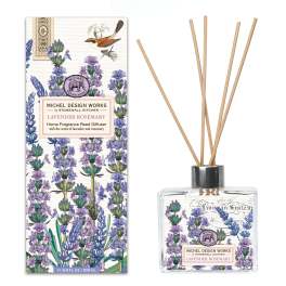 Lavender rosemary reed diffuser with wooden sticks in a clear glass bottle