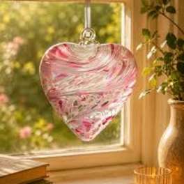 Heart-shaped pink and white glass ornament hanging in a window
