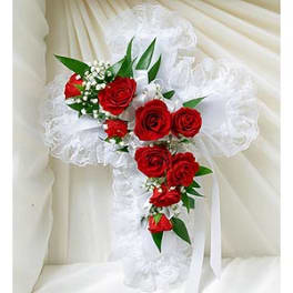 Red and White Satin Cross Casket Pillow
