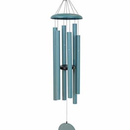 Blue metal wind chime with hanging tubes and a round striker