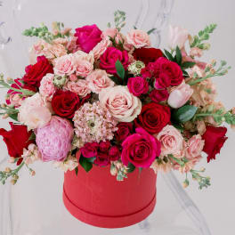 Mixed pink and red roses arranged in a red hat box