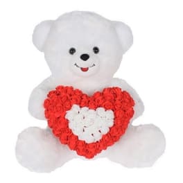 White teddy bear holding a red and white rose heart