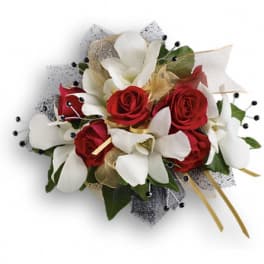 Bouquet of red roses and white orchids with gold ribbon accents