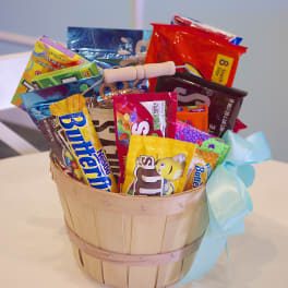 Basket of assorted candy bars and snack packs tied with a blue ribbon