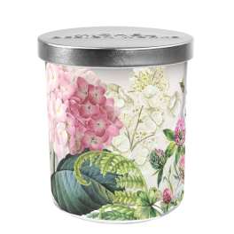 Floral-patterned metal tin with pink and white blossoms
