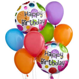 Cluster of colorful birthday balloons with two "Happy Birthday" foil balloons