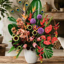 Tropical bouquet in a white vase with orchids, birds of paradise, and peacock feathers