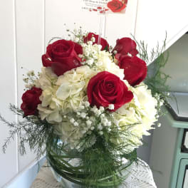 Red Roses & White Hydrangea Bubble Bowl by Petals