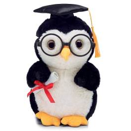 Plush penguin wearing glasses and a graduation cap, holding a diploma