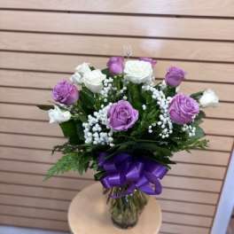 Dozen White and Lavender Roses