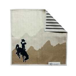 Folded towel with a horse rider graphic and striped corner detail