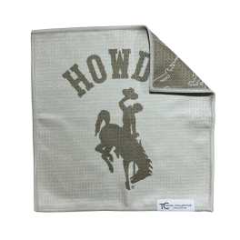 Gray blanket with a cowboy rider graphic and the word HOWD