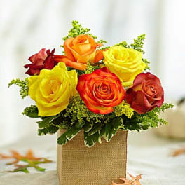 Bouquet of multicolored roses in a burlap-wrapped box
