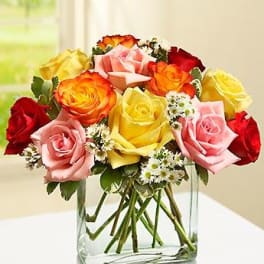 Bouquet of multicolored roses in a clear glass vase