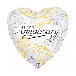 Heart-shaped anniversary balloon with silver and gold swirls