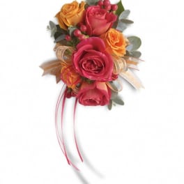 Pink and orange rose bouquet with ribbon streamers