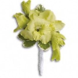 Green flower boutonniere with a single bloom and ribbon wrap