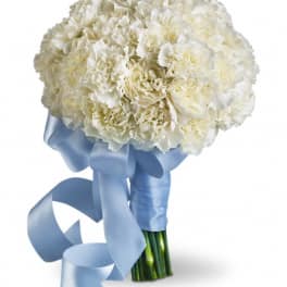White carnation bouquet tied with a blue ribbon