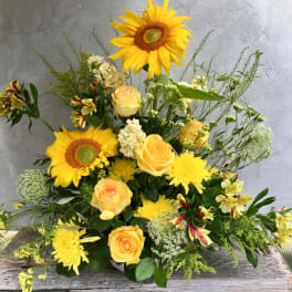Yellow sunflower and rose bouquet with mixed blooms