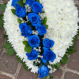 Heart-shaped bouquet of blue roses and white chrysanthemums