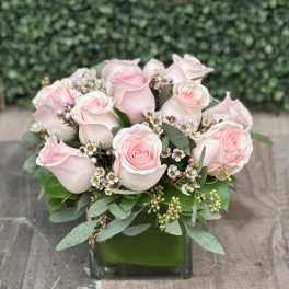 Pink roses arranged in a square glass vase with small white filler flowers