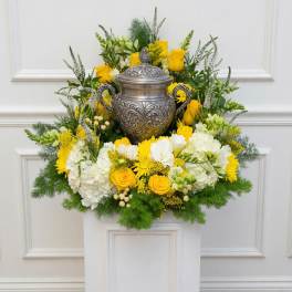 Yellow sympathy urn arrangement