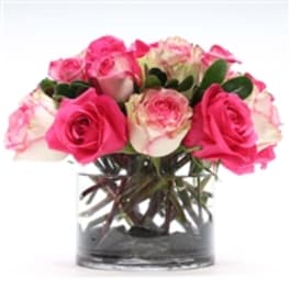 Pink and white roses arranged in a clear glass vase