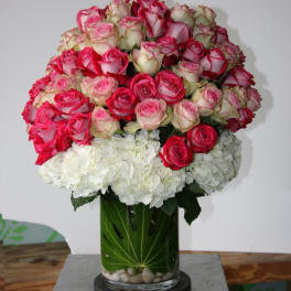 Pink and white roses arranged in a glass vase with white hydrangeas