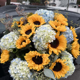 Bouquet of sunflowers and pale blue hydrangeas