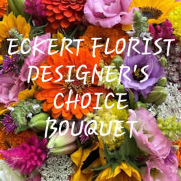 Colorful mixed bouquet with sunflowers, zinnias, and lisianthus