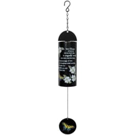 Black memorial wind chime with white flowers and a butterfly pendant