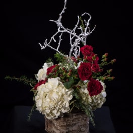 Red roses and white hydrangeas in a rustic bark container with white branches
