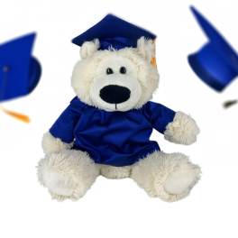 White teddy bear in a blue graduation cap and gown
